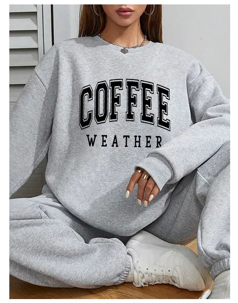 Women Basic Casual Pullover Spring Autumn Long Sleeve Coffee Letter Round Neck