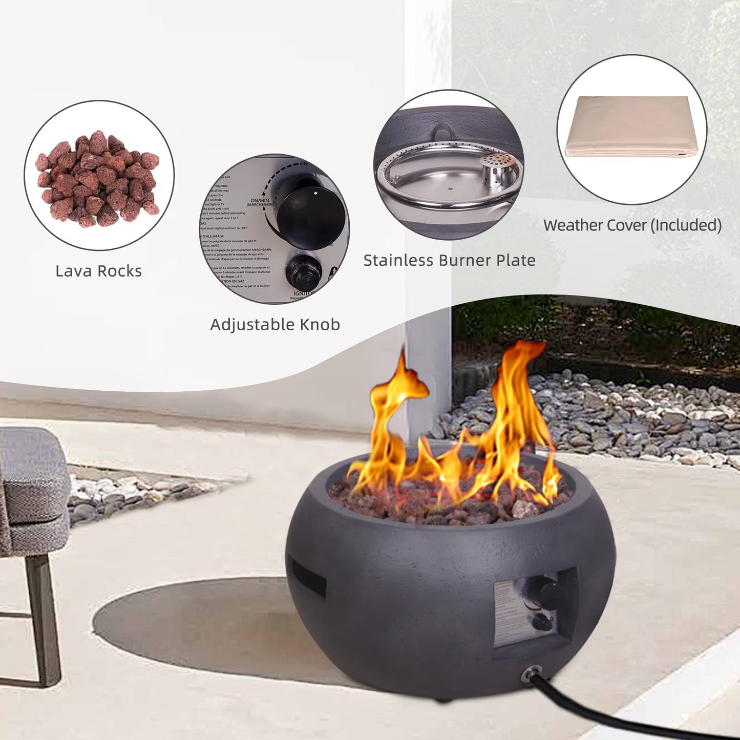 New Design Product Faux Concrete Texture Round Dark Propane Outdoor Fire Pit