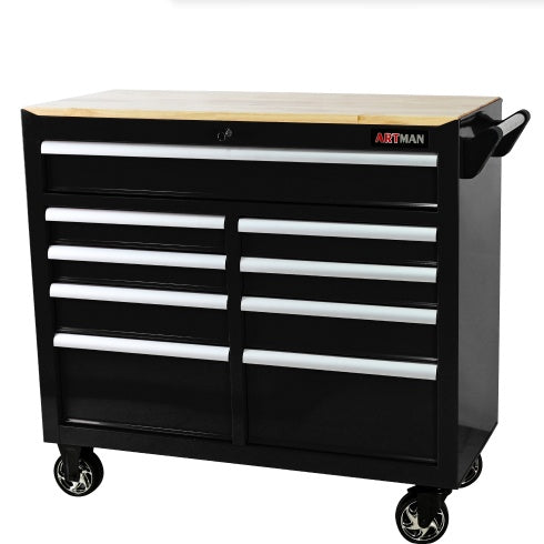 9 DRAWERS MULTIFUNCTIONAL TOOL CART WITH WHEELS AND WOODEN TOP