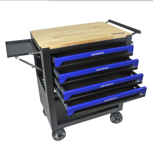 4 DRAWERS MULTIFUNCTIONAL TOOL CART WITH WHEELS AND WOODEN TOP-BLUE