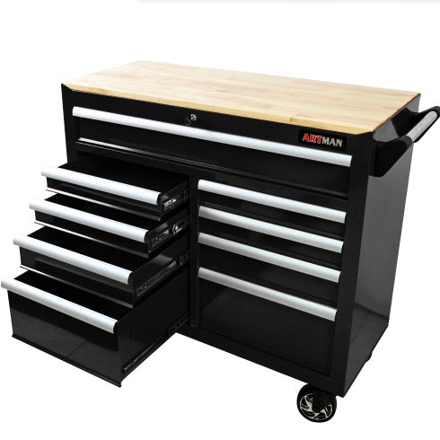 9 DRAWERS MULTIFUNCTIONAL TOOL CART WITH WHEELS AND WOODEN TOP