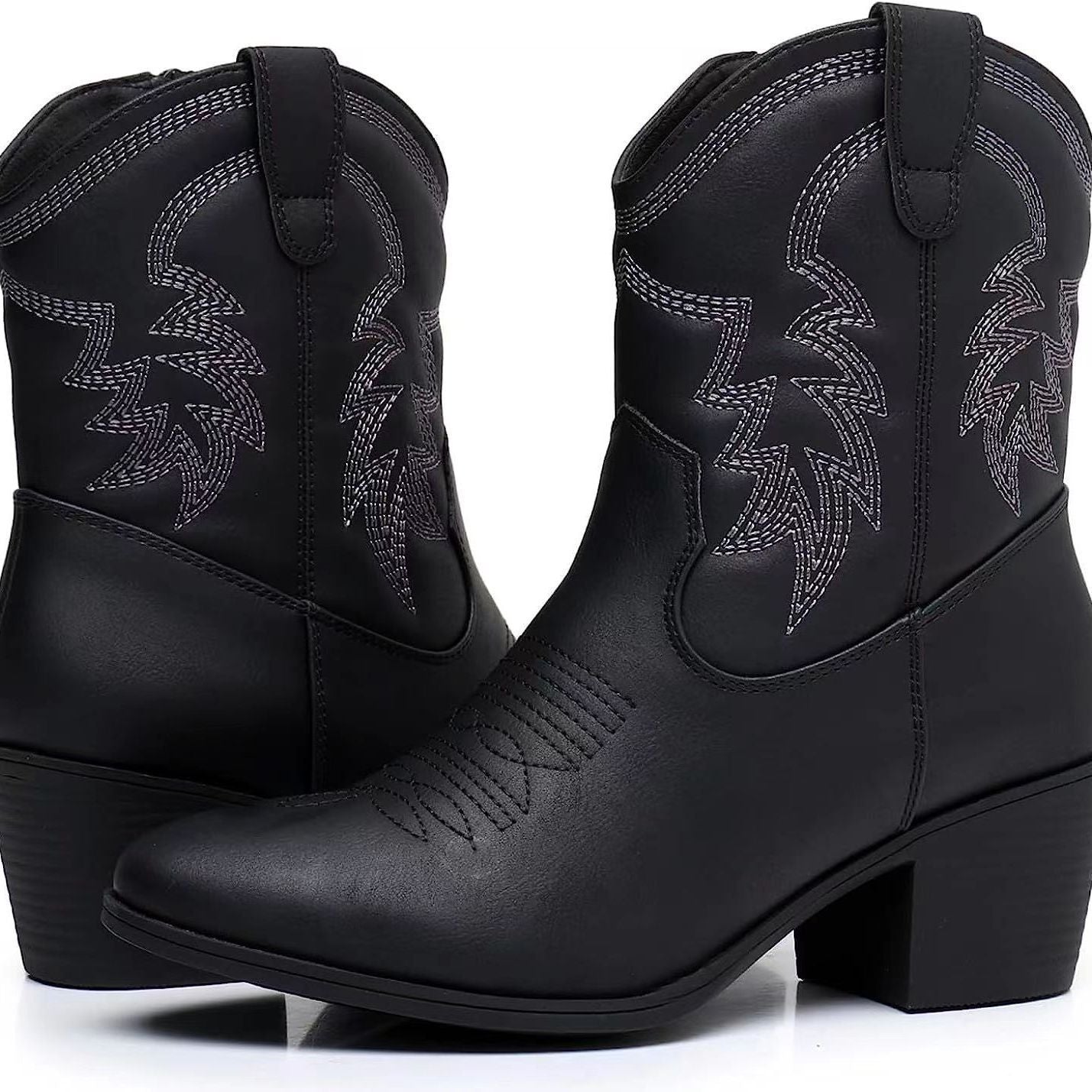 European And American Retro Chunky Heel Side Zip Western Denim Boots