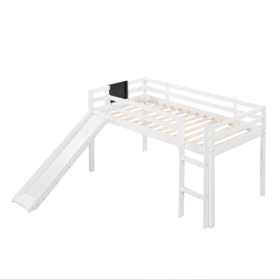 Twin Size Loft Bed Wood Bed With Slide, Stair And Chalkboard,White