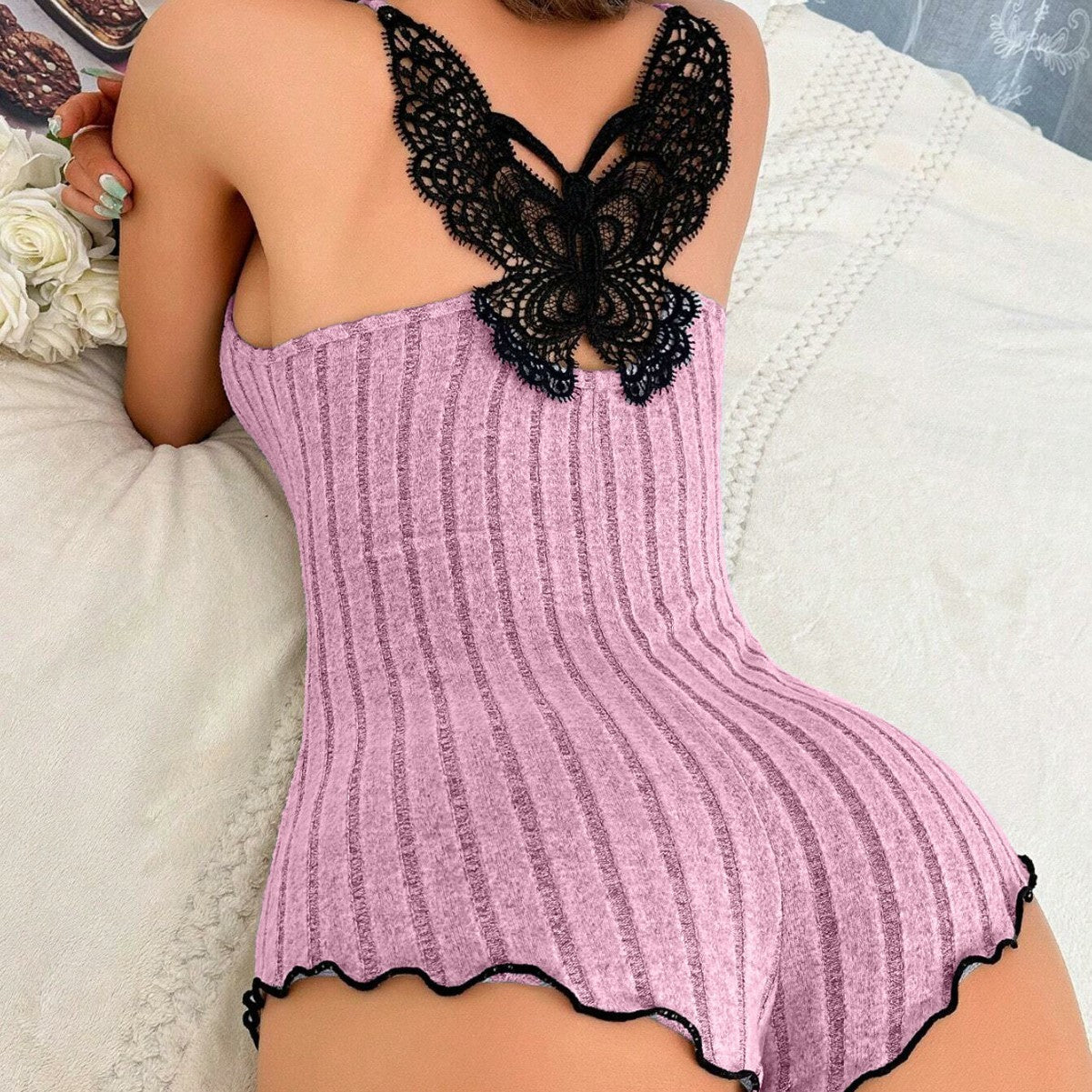 Women's Fashion Butterfly Back Pajamas Lace Strap One-piece Pajamas Lingerie