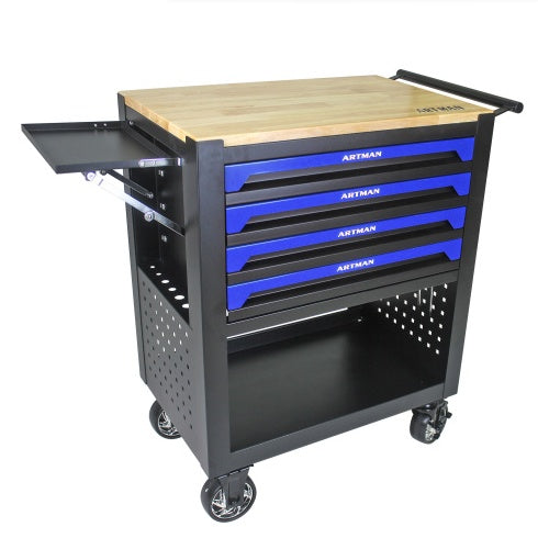 4 DRAWERS MULTIFUNCTIONAL TOOL CART WITH WHEELS AND WOODEN TOP-BLUE