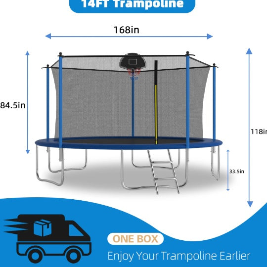 14 FT TRAMPOLINE INSIDE SAFETY NET WITH BASKETBALL HOOP