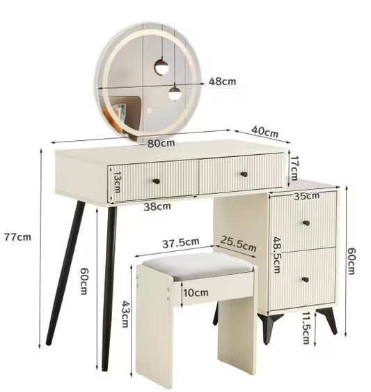 Fluted Makeup Vanity Desk With Round LED Mirror And Lights, Modern Glass Top Big Vanity Table With 4 Drawers  Adjustable Shelves