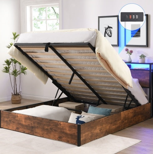 Lift-up Storage Bed Frame, Full Size Bed Frame With Bookcase Headboard & LED Lights, Wooden Platform Bed Frame With Charging Station, No Spring Box Needed, Rustic Brown