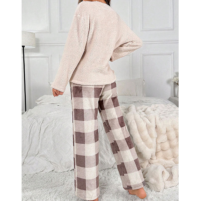 Thermal Flannel Home Wear Loose Plaid Trousers Two-piece Suit