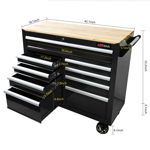 9 DRAWERS MULTIFUNCTIONAL TOOL CART WITH WHEELS AND WOODEN TOP