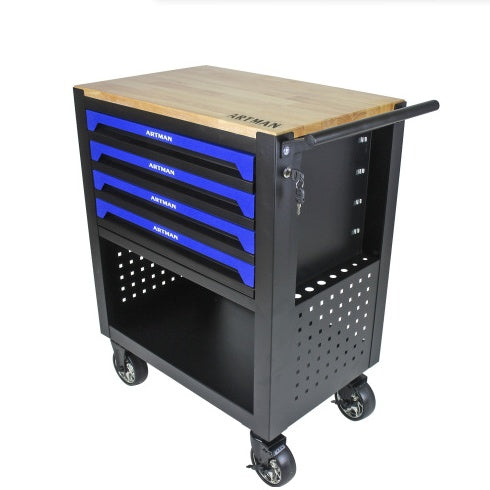 4 DRAWERS MULTIFUNCTIONAL TOOL CART WITH WHEELS AND WOODEN TOP-BLUE