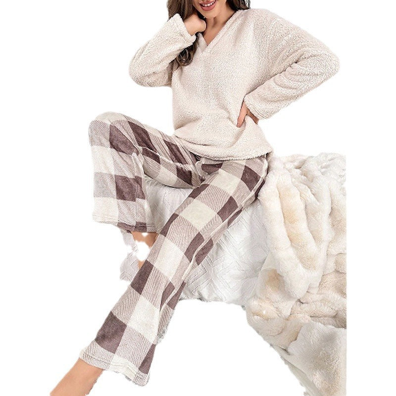 Thermal Flannel Home Wear Loose Plaid Trousers Two-piece Suit