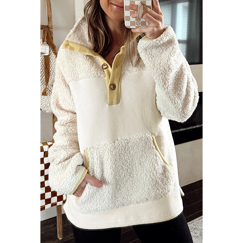 Loose Casual Style Lamb Wool Band Pocket Sweatshirt Women