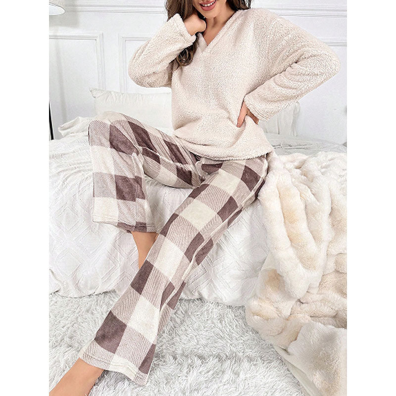 Thermal Flannel Home Wear Loose Plaid Trousers Two-piece Suit