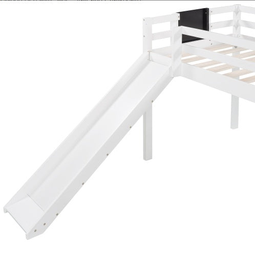 Twin Size Loft Bed Wood Bed With Slide, Stair And Chalkboard,White